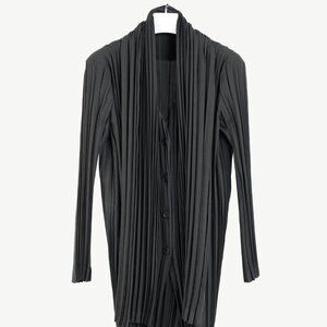 Issey Miyake Archival Rare Grey Pleated Scarf-Collar Button-Front Duster